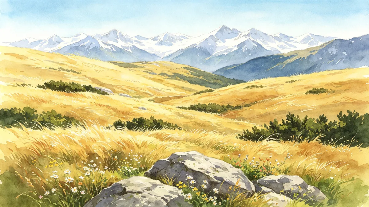 Golden meadow with distant blue mountains under open sky