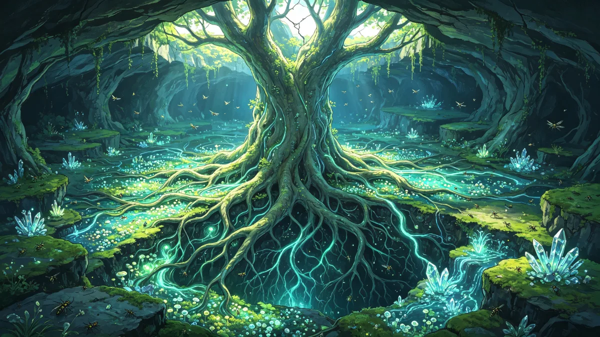 A massive old tree spreads luminous blue roots across a shadowy forest floor, suggesting deep ecological connection, underground life, magical energy, forest intelligence, and the hidden networks...