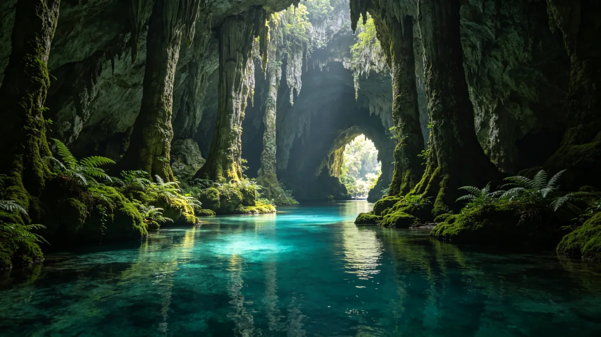 turquoise river flowing through mossy cave tunnel