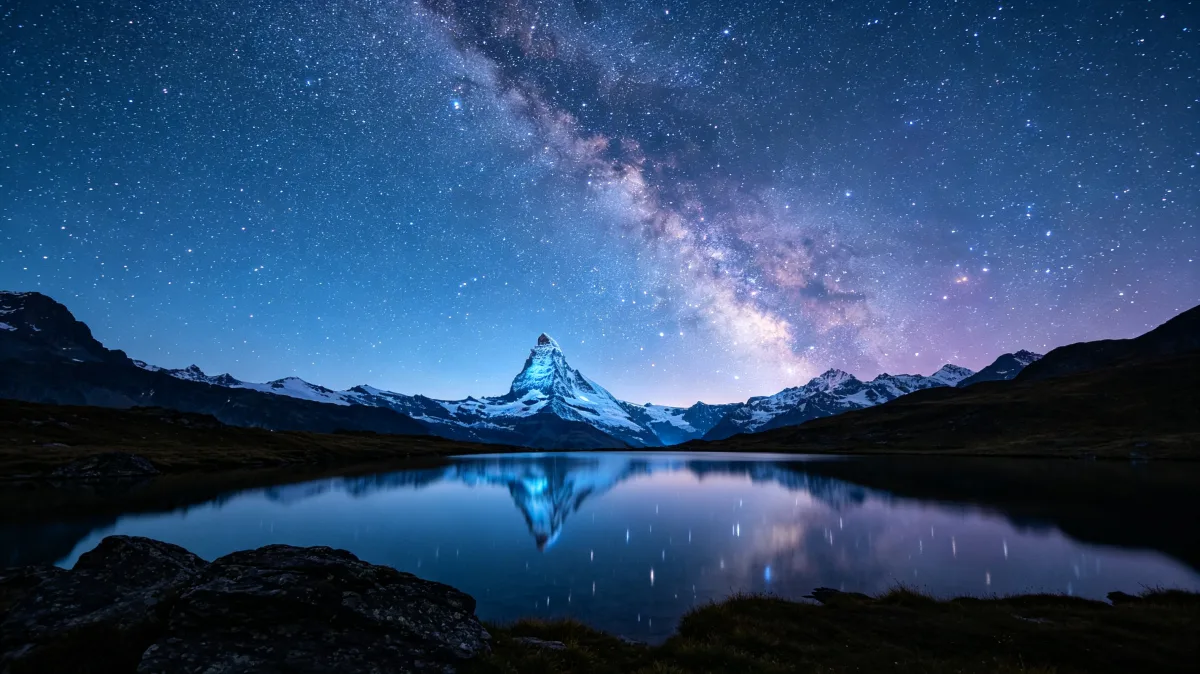 Milky Way and stars reflected in a dark alpine lake below a snow-covered mountain peak.