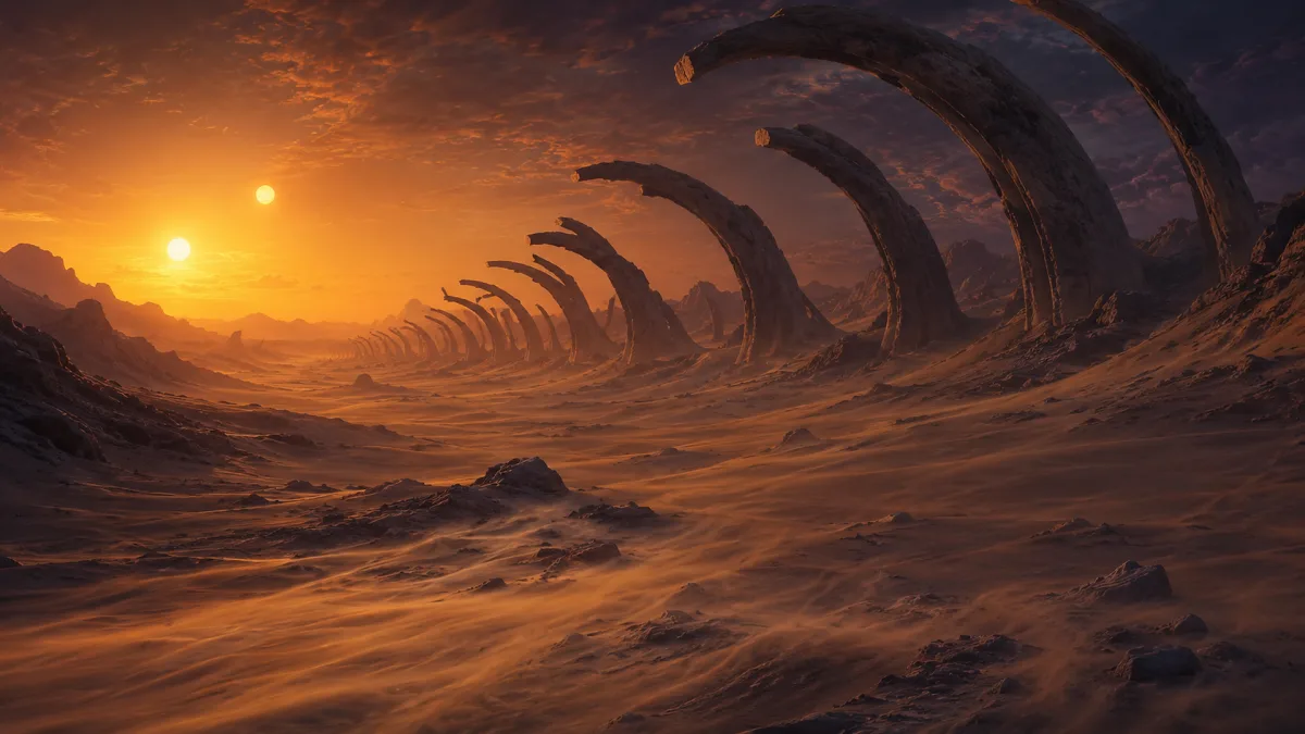 giant rib bones across a desert at sunset