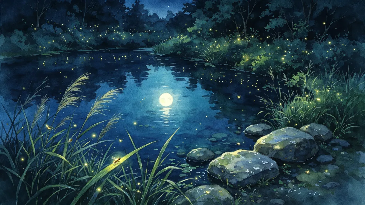 Moonlit pond with reeds stones and blue night forest