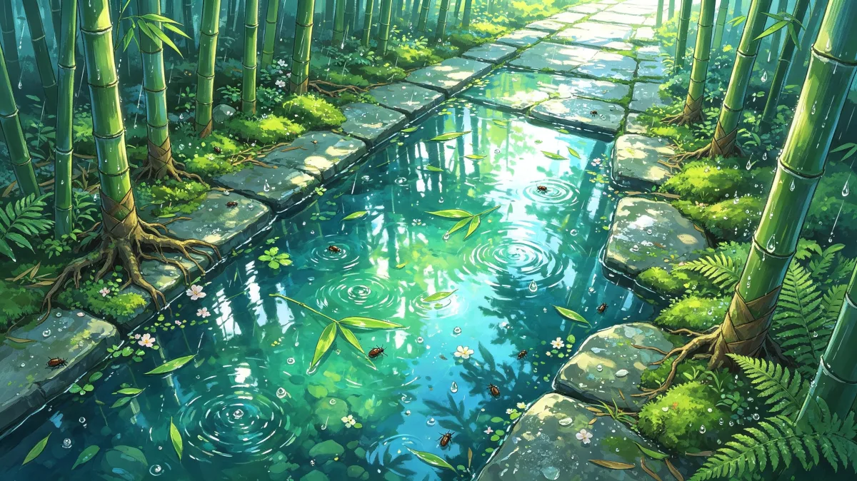 A stone path runs through tall bamboo beside a clear reflecting pool, where sunlight, ripples, leaves, and green shadows create a calm Asian garden atmosphere for wellness, travel, and peaceful...