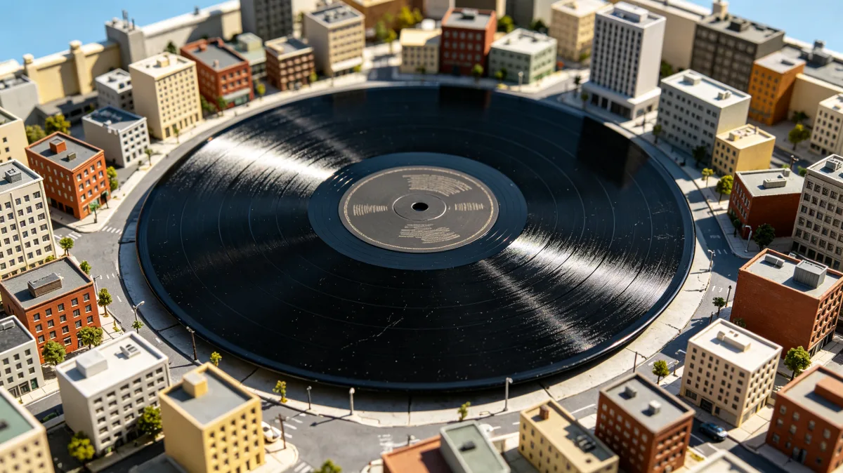 a giant vinyl record forms a circular basin with small buildings around it, mixing music, memory, urban culture, nostalgia, and the physical form of media at city-block scale.