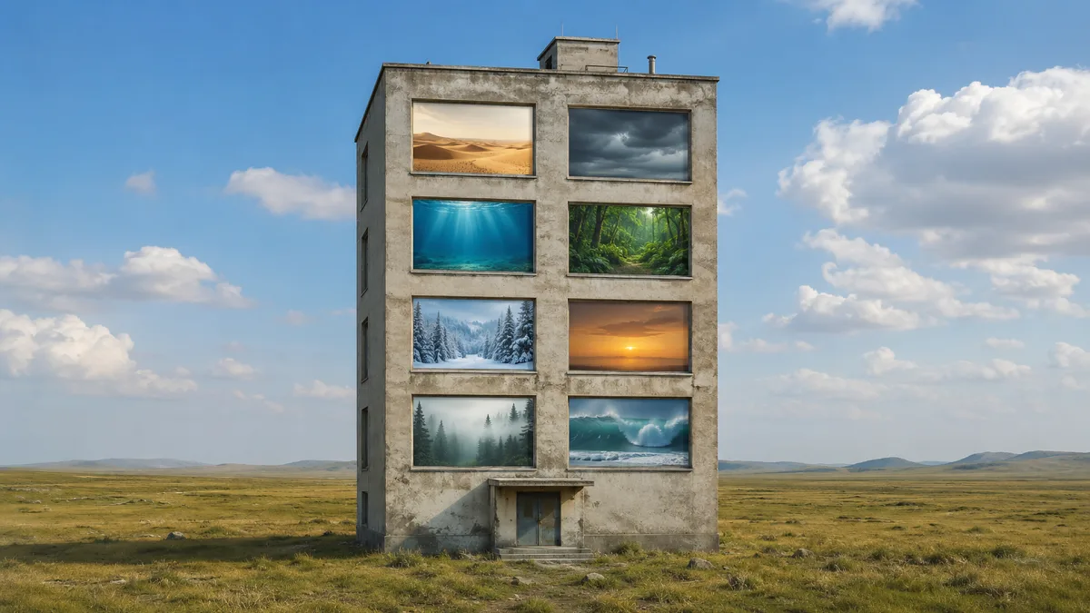 A concrete tower displays panels of different weather scenes against a clear landscape.