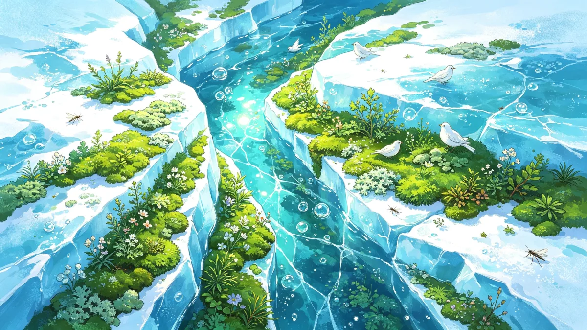 Bright ice cliffs surround pools and floating patches of green plants, creating a striking frozen landscape where cold blue water meets resilient moss, alpine growth, and fantasy environmental...
