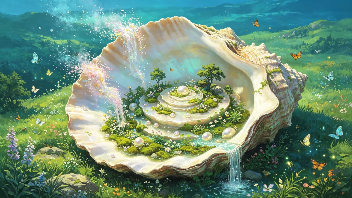 A giant seashell cradles a miniature green garden with spiral paths, tiny trees, flowers, and sparkling water, creating a gentle fantasy landscape about protected nature, hidden ecosystems, and...