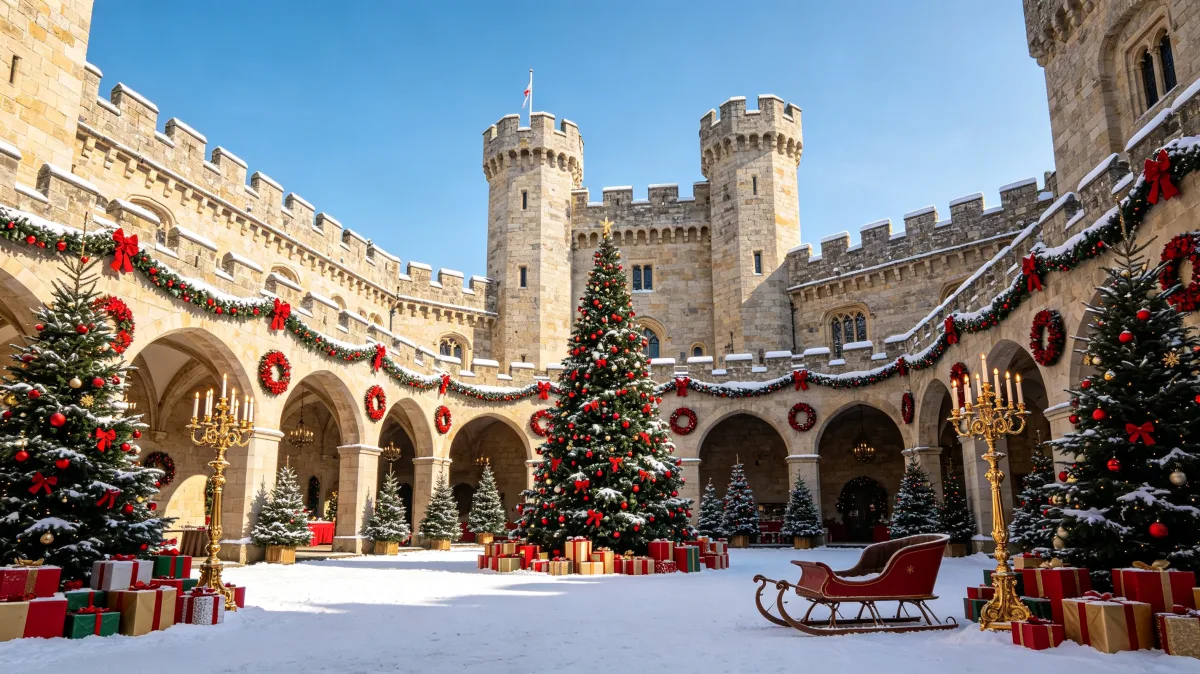castle courtyard decorated with Christmas trees and presents