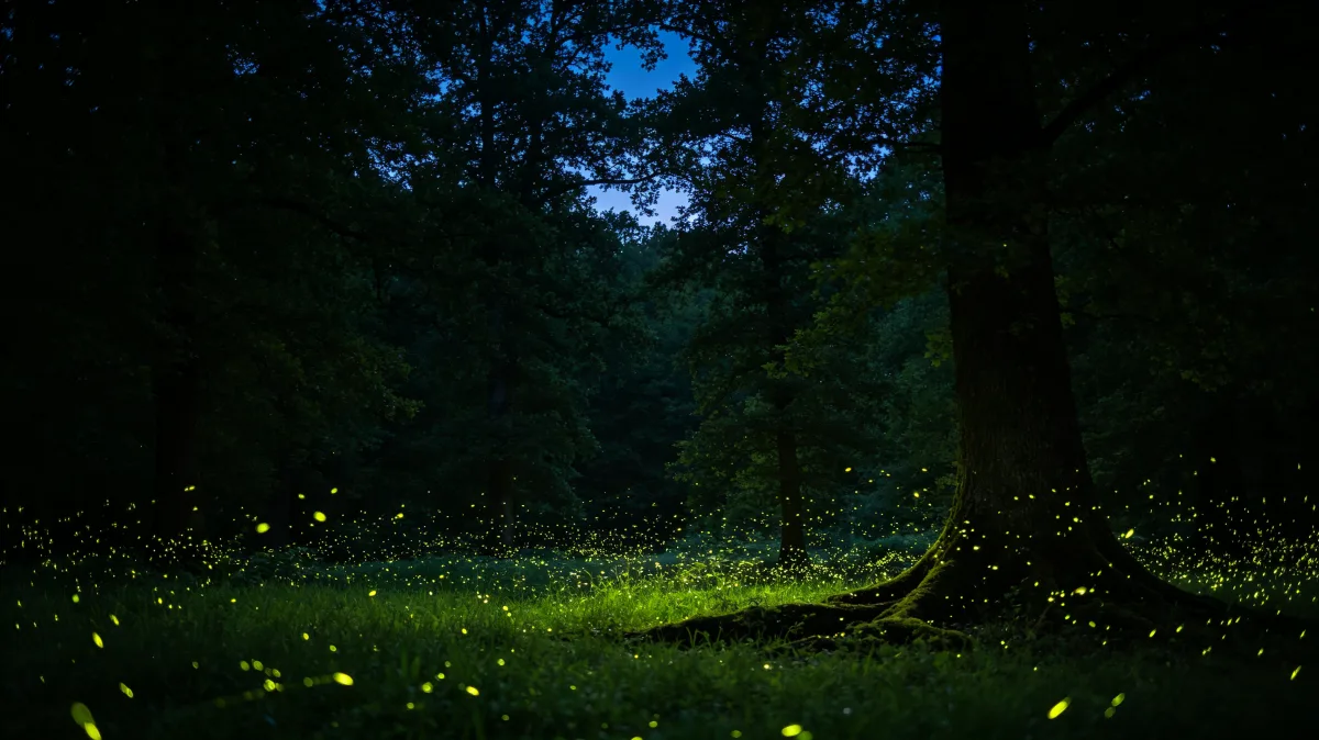 fireflies glowing in dark forest clearing at night