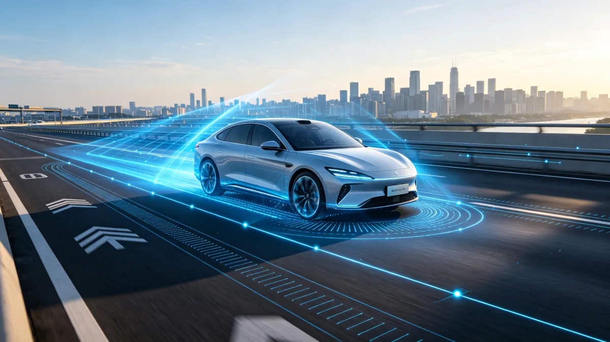 Self driving electric car on highway with blue sensor and navigation overlay