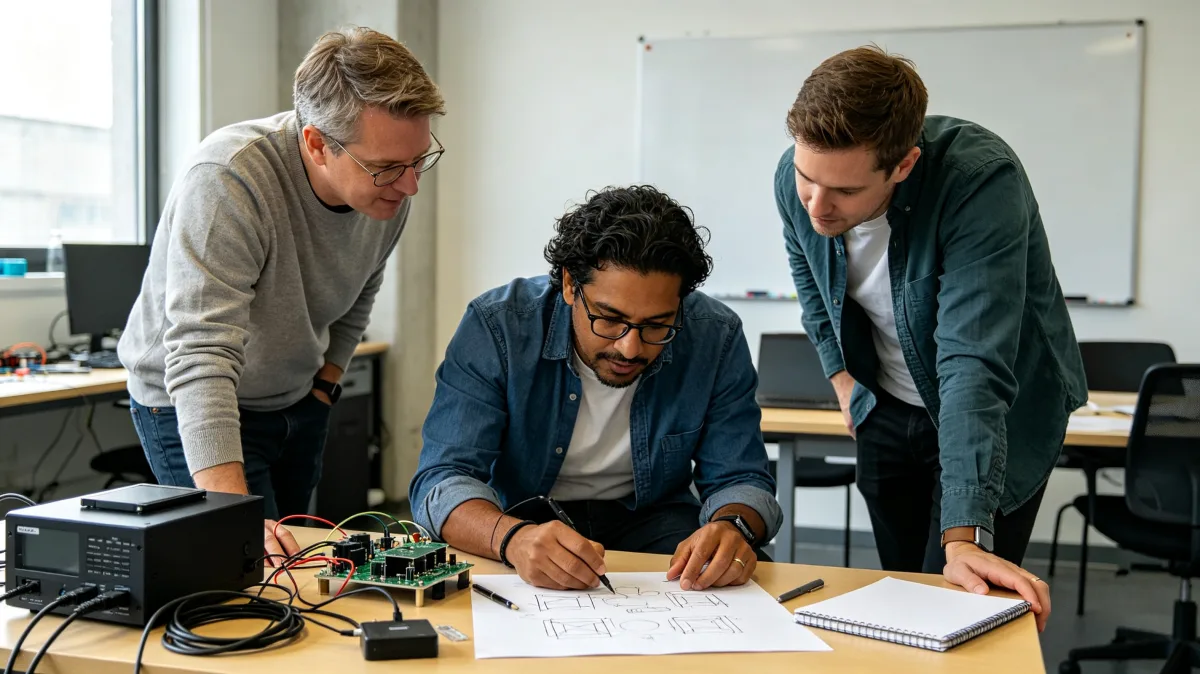 Three men work together over an electronics prototype, wires, notebooks, and a whiteboard in an office lab, showing collaborative engineering, hardware debugging, and technical mentoring.