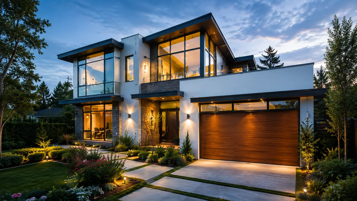 A contemporary two-story home glows at twilight with a garage, large glass windows, and carefully lit landscaping.