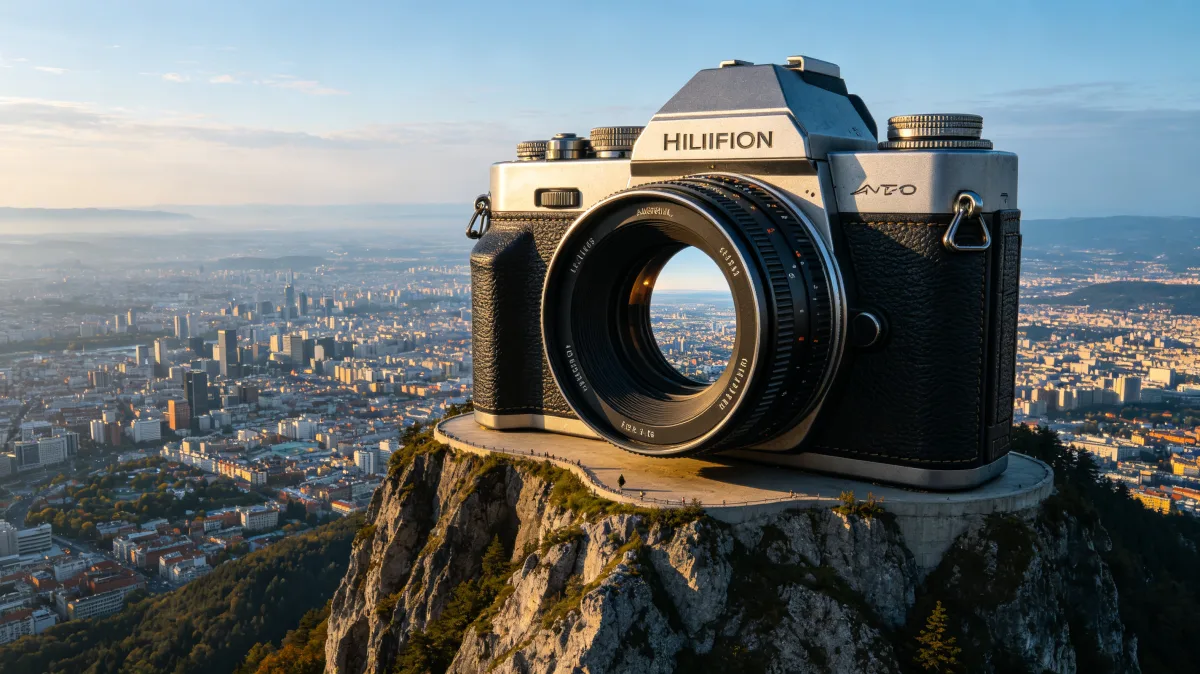 An oversized camera sits on a rocky mountain ledge above a distant city, turning photography into a monumental landscape idea about observation, memory, viewpoint, documentation, and visual...