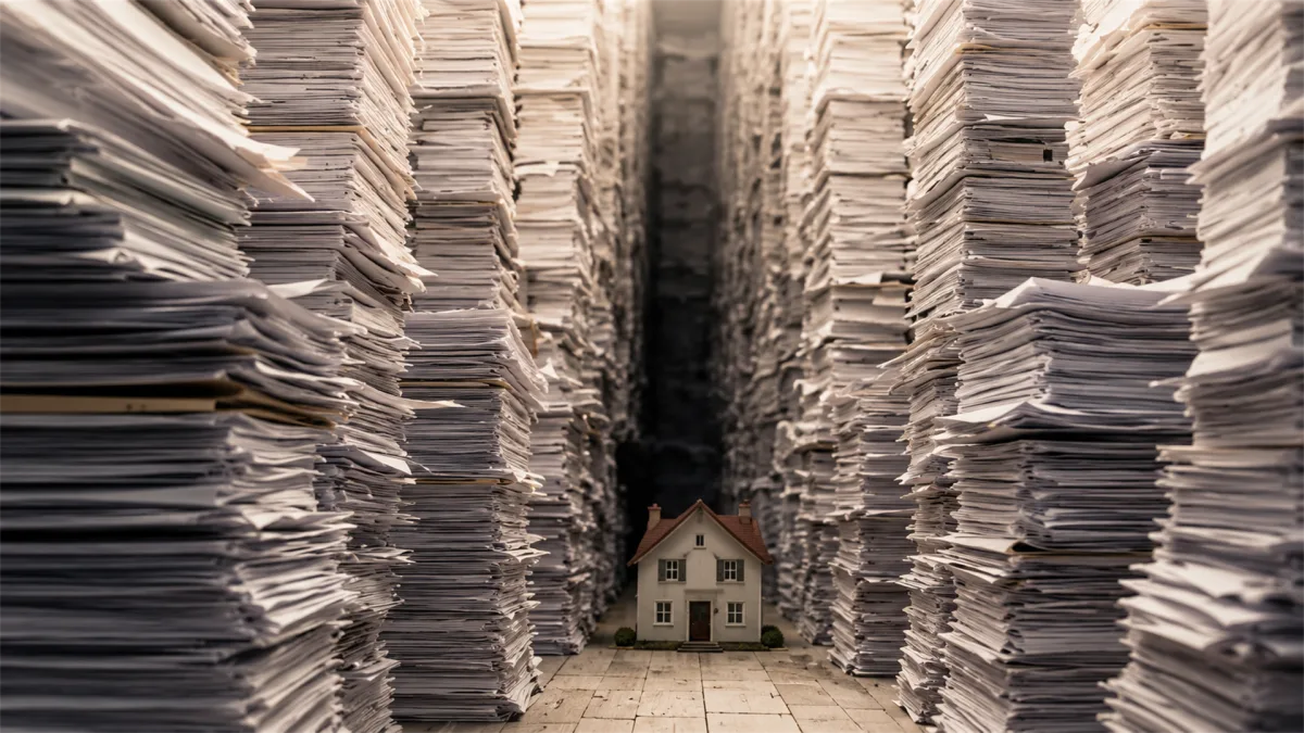 A tiny house stands between towering piles of paper files, creating a clear metaphor for mortgage documents, paperwork burden, and property administration.