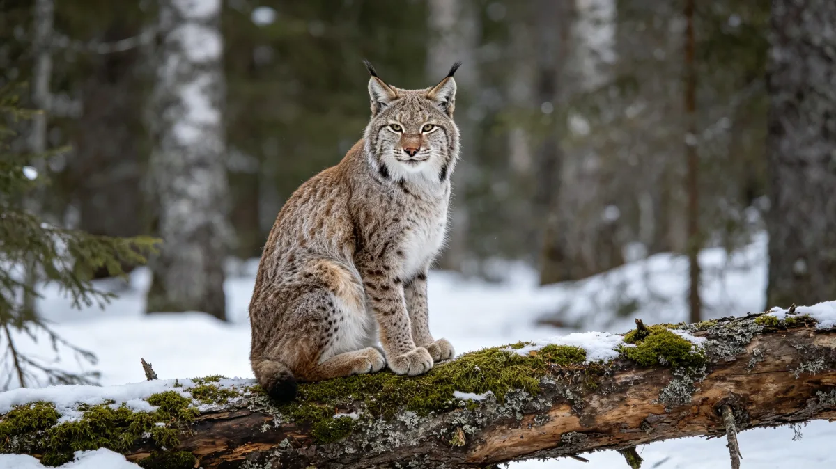 Eurasian lynx sitting on log in snowy forest