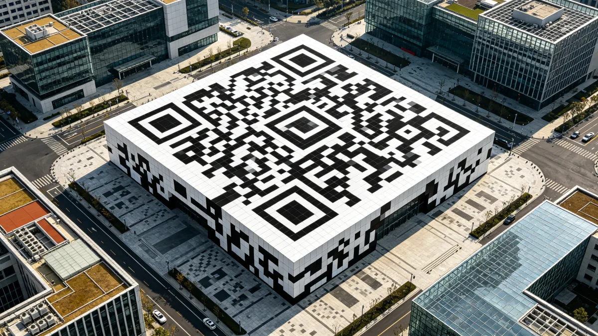 A square building roof and walls are covered with a massive black-and-white QR code, turning digital scanning into an architectural object for payments, access, advertising, and connected city...
