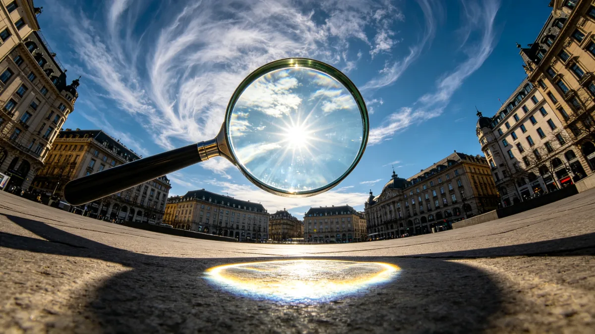 a huge magnifying glass leans over a historic plaza and focuses sunlight into a bright circle, making a direct visual about investigation, attention, focus, search, and intensified perspective.