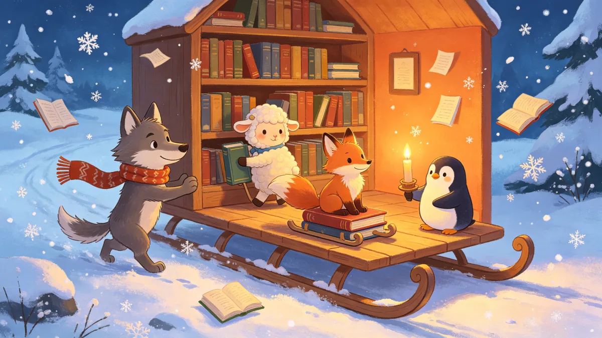 A colorful storybook cartoon scene featuring winter sled library with forest friends, designed for playful children-friendly illustration use.