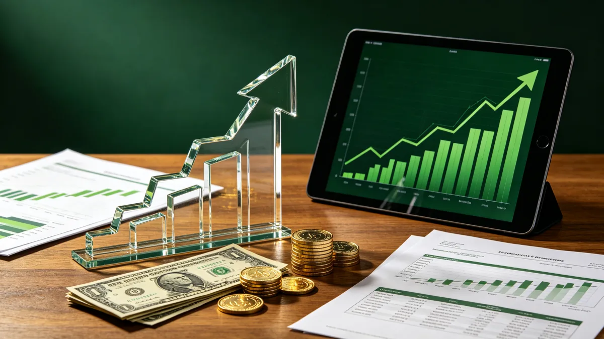 A tabletop finance scene shows stacked coins, a glass upward arrow, paperwork, and a tablet with a rising green chart, creating a clean visual metaphor for growth, savings, investment tracking...