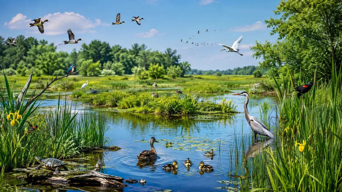 Birds gather in a green wetland with reeds, ducks, and open water.