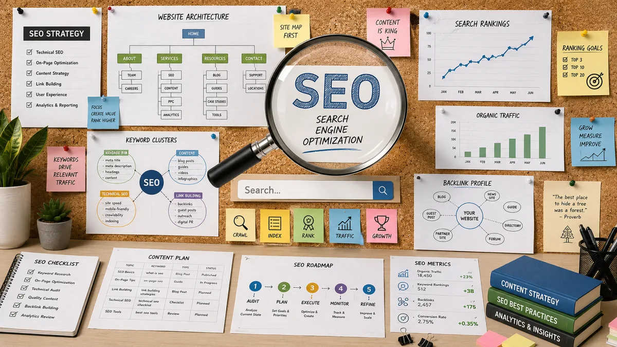 An SEO strategy board is filled with keyword maps, ranking charts, sticky notes, analytics printouts, and a magnifying glass over search optimization.