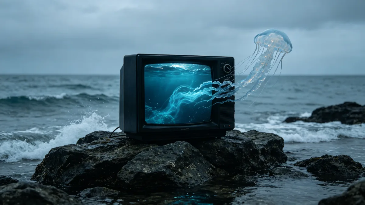 An old television sits on wet rocks while a ghostly jellyfish form drifts above a stormy sea.