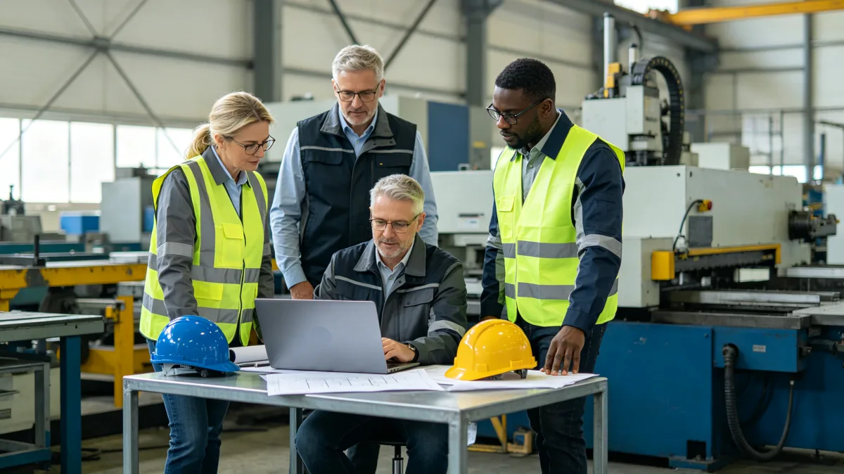 A mixed team in safety vests works around a laptop and helmets inside a factory, combining production floor context with planning, supervision, quality review, and industrial teamwork.