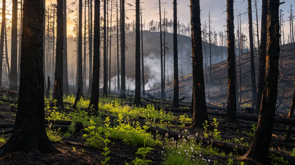 charred pine forest with young green regrowth after fire