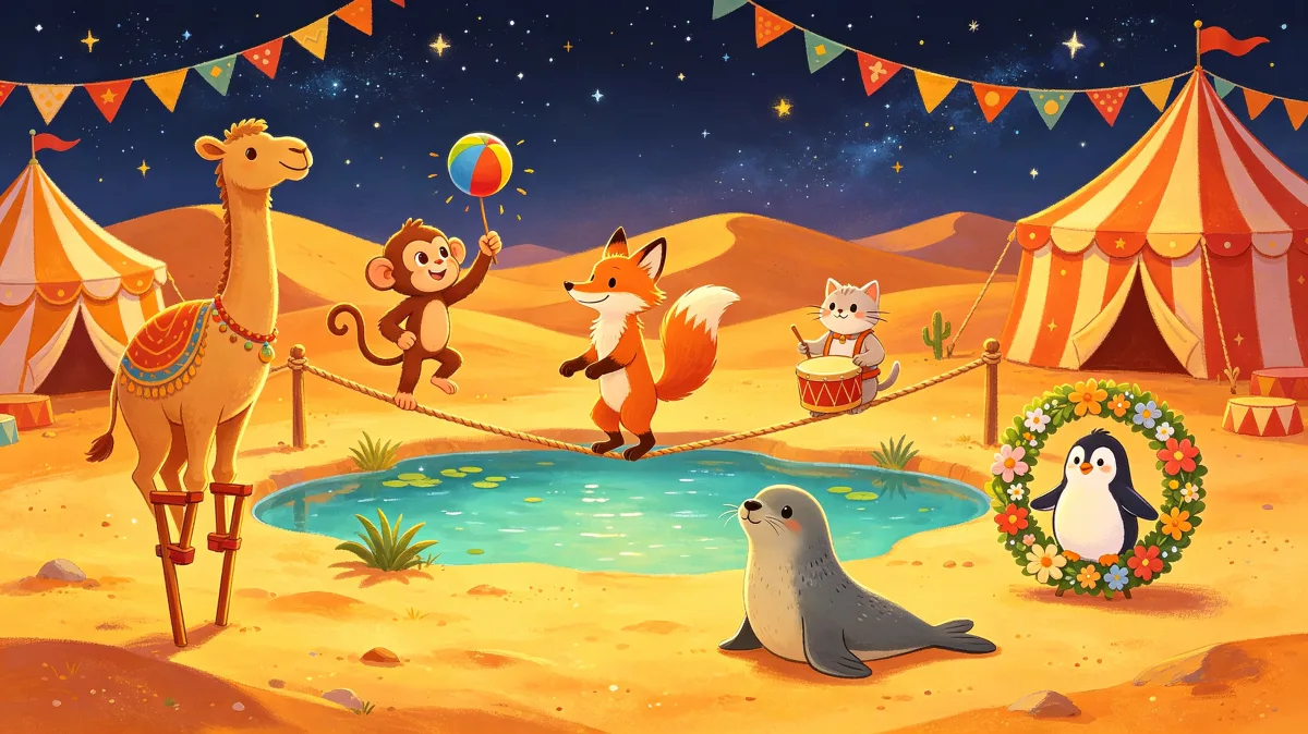 A colorful storybook cartoon scene featuring desert circus with animal performers, designed for playful children-friendly illustration use.
