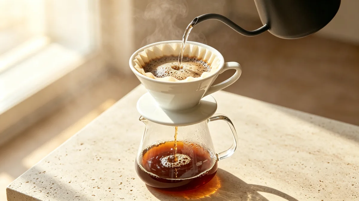 pour-over coffee brewing in glass carafe by sunny window
