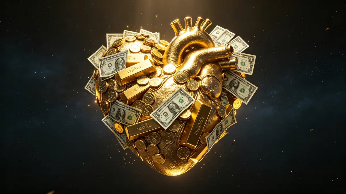 A metallic heart is covered in coins, gold bars, and banknotes against a dark background, creating a direct symbol for wealth, generosity, financial emotion, and value attached to human priorities.