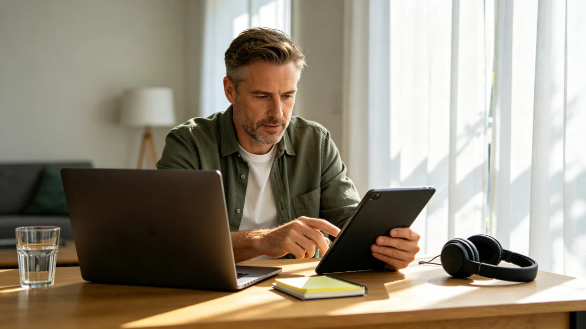 A man reviews a tablet while a laptop, notebook, headphones, and glass of water sit on a bright desk, showing multitasking, document review, digital planning, and independent professional work.