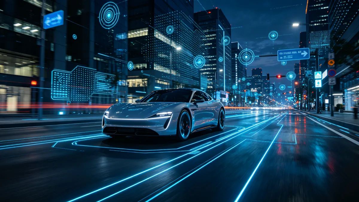Autonomous electric car driving through connected city at night