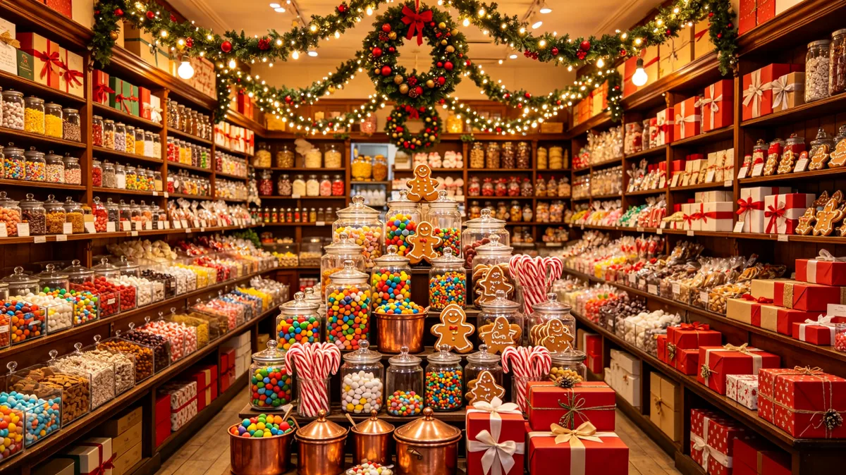 traditional Christmas candy shop with sweets and red gift boxes