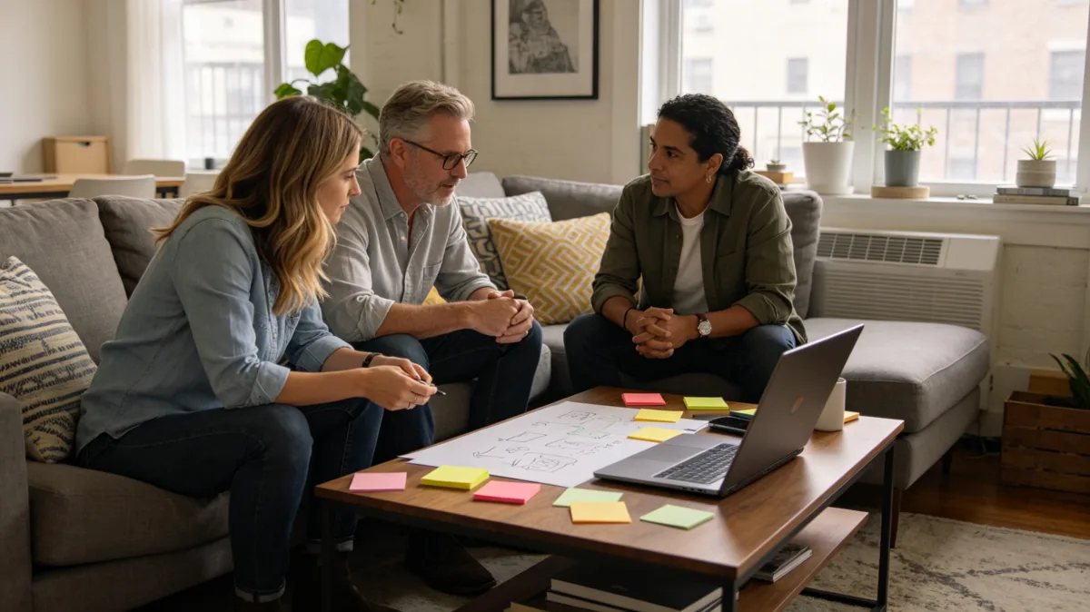 A small team sits on a sofa around a low table covered with papers and colorful sticky notes, creating a home-like brainstorming scene for planning, research, and collaborative problem solving.