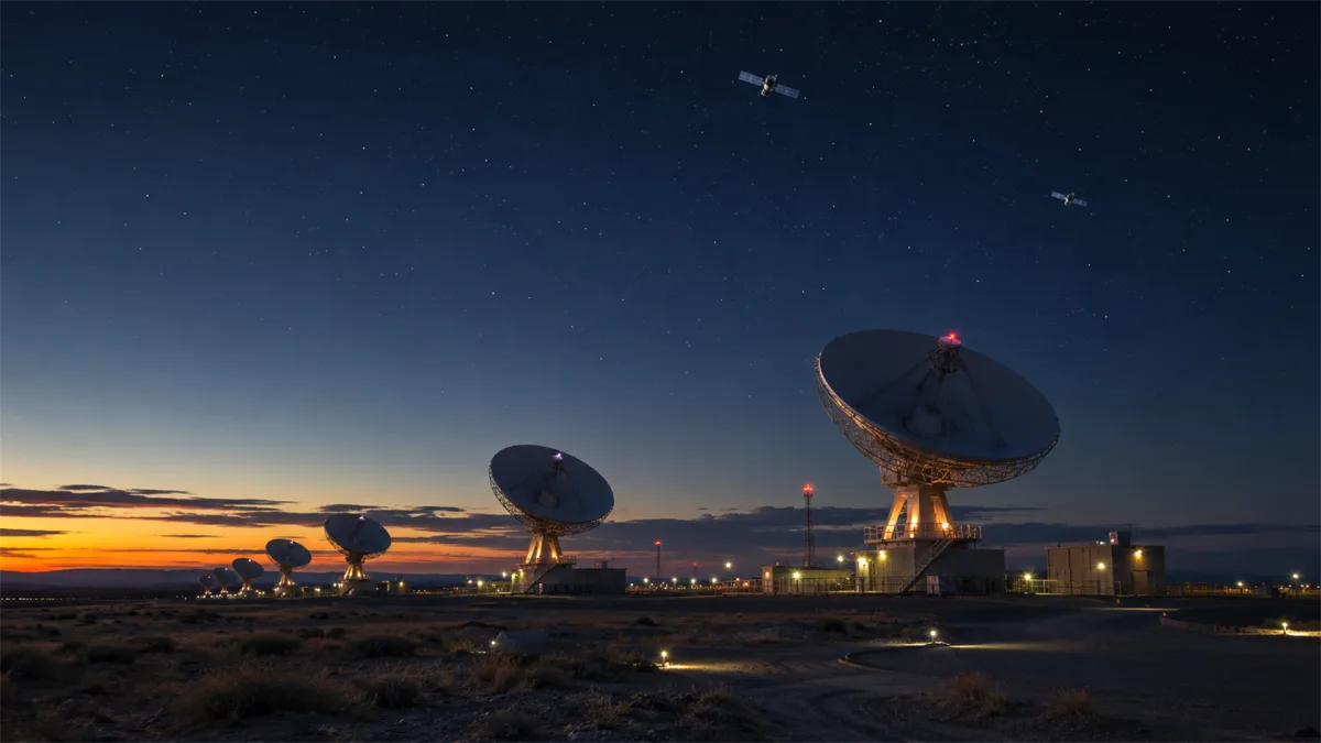 large satellite dishes operate under a dark evening sky with aircraft or stars overhead, suggesting nighttime uplinks, space communication, remote sensing, and continuous ground station operations.