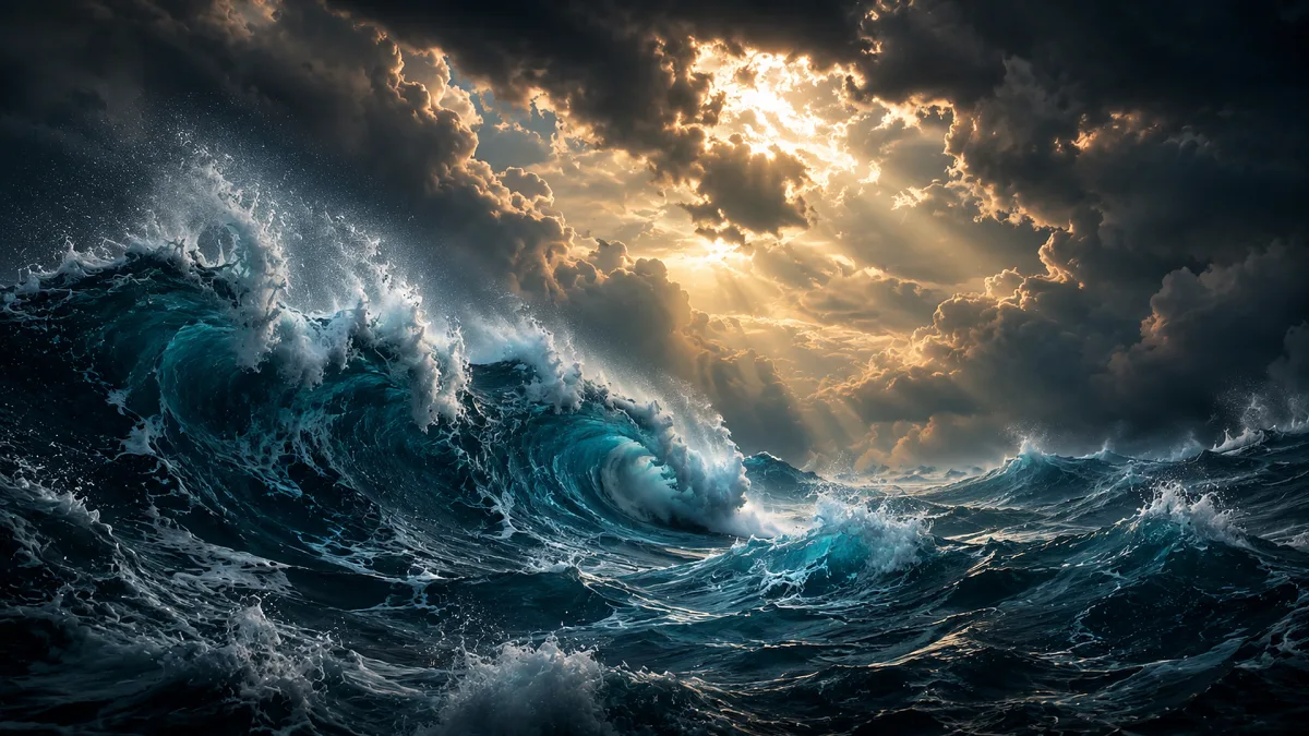 large storm ocean wave under dramatic sunlight and clouds