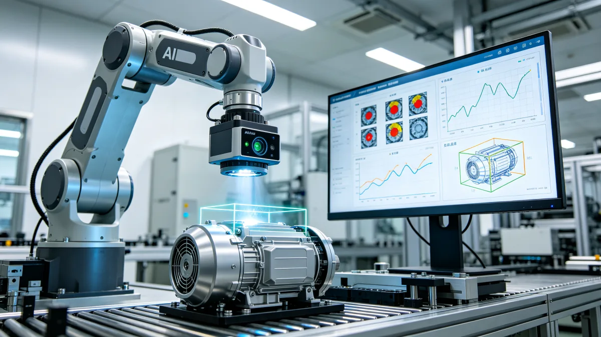 Robot arm inspecting electric motor with AI quality control display