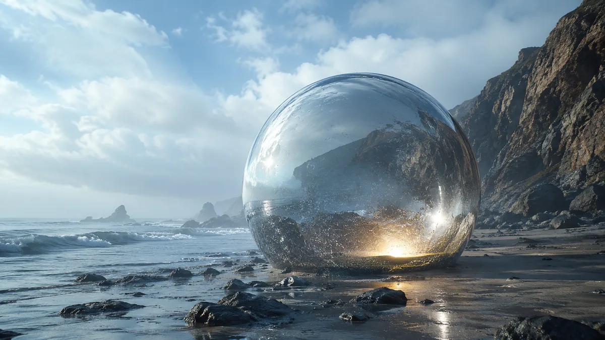 A giant clear glass sphere rests on a rocky coast at sunrise.