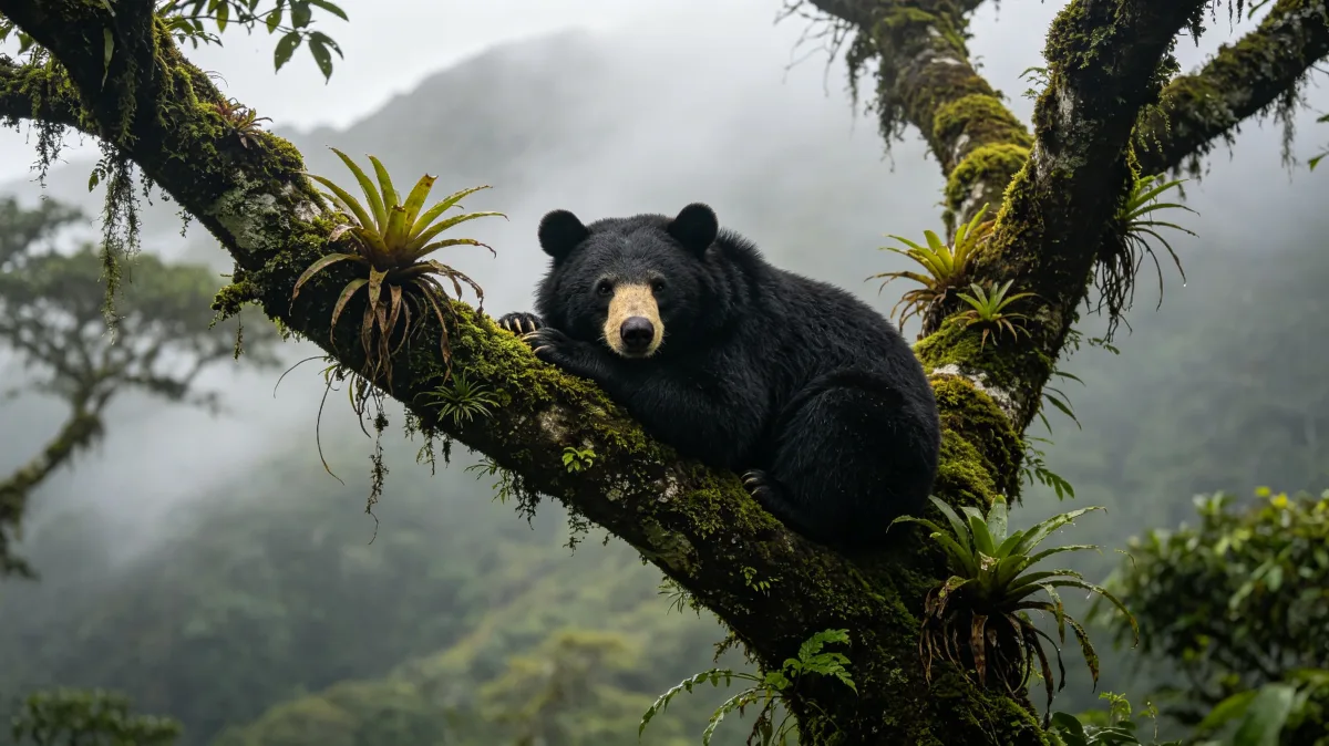 Moon bear resting high up on mossy tree in misty mountain jungle.