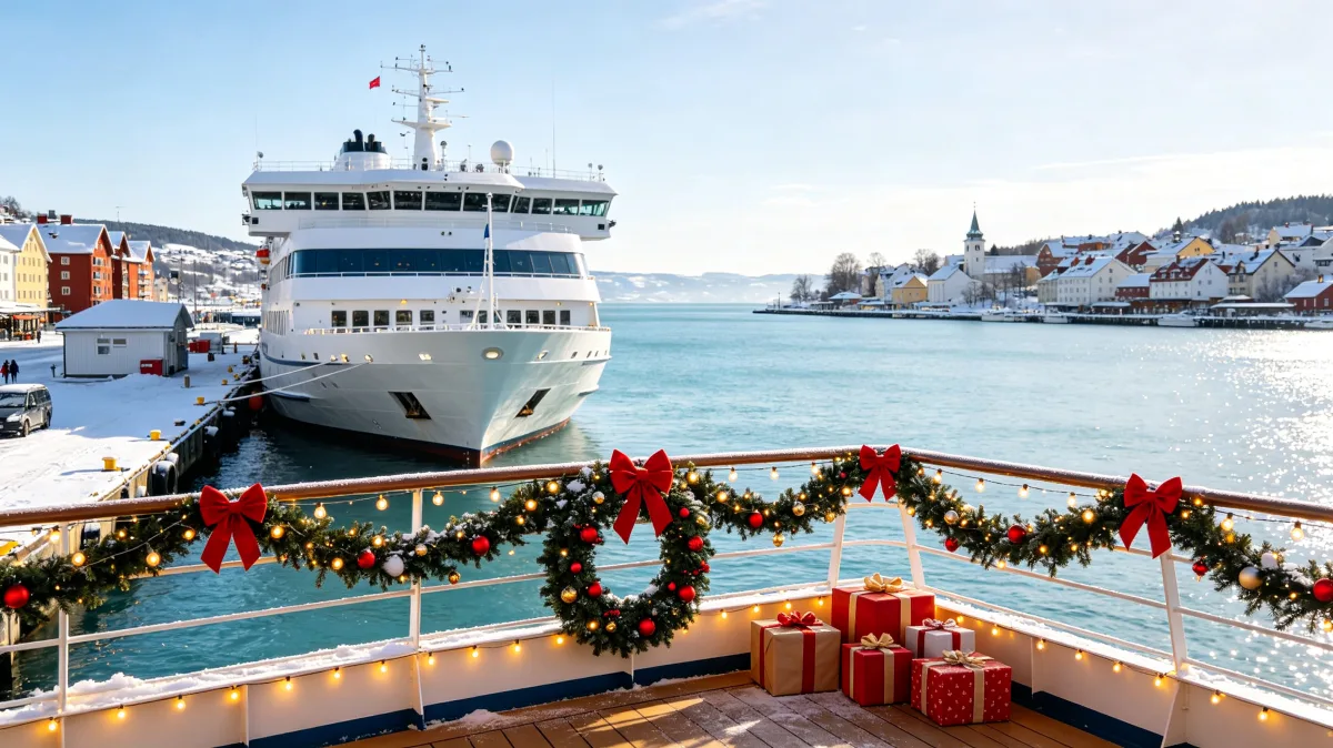 cruise ship harbor viewed from Christmas decorated deck