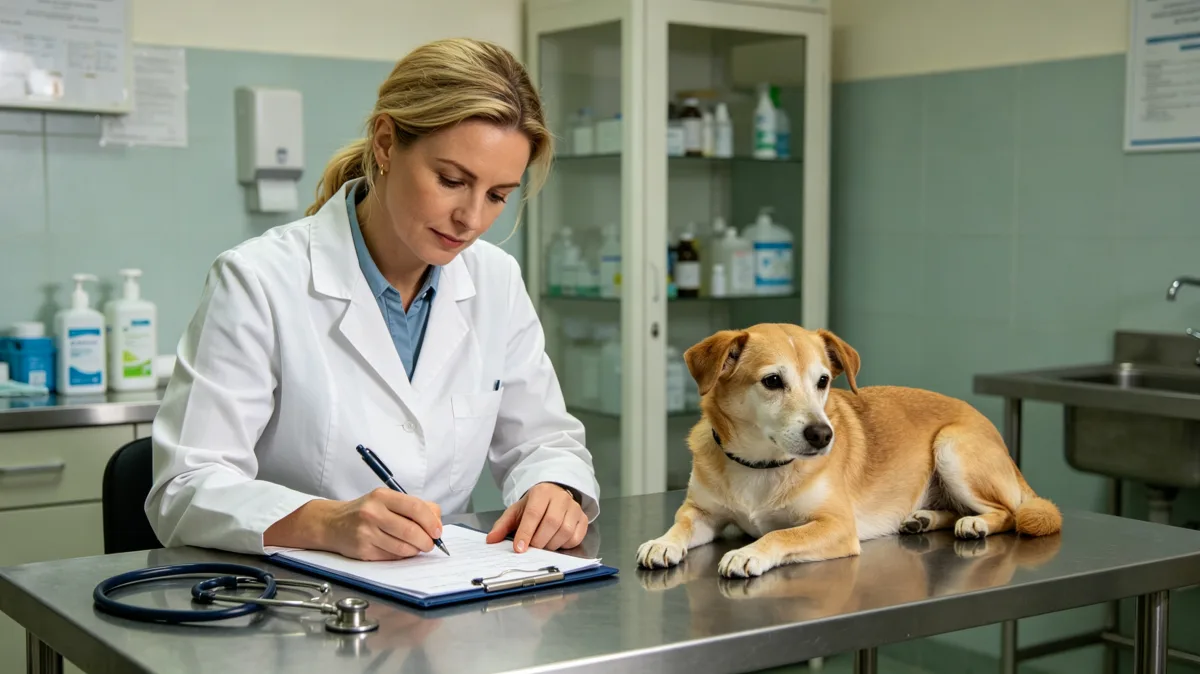 A veterinarian in a white coat writes notes beside a calm dog on an exam table, showing professional paperwork, animal care, clinic administration, and medical record keeping.