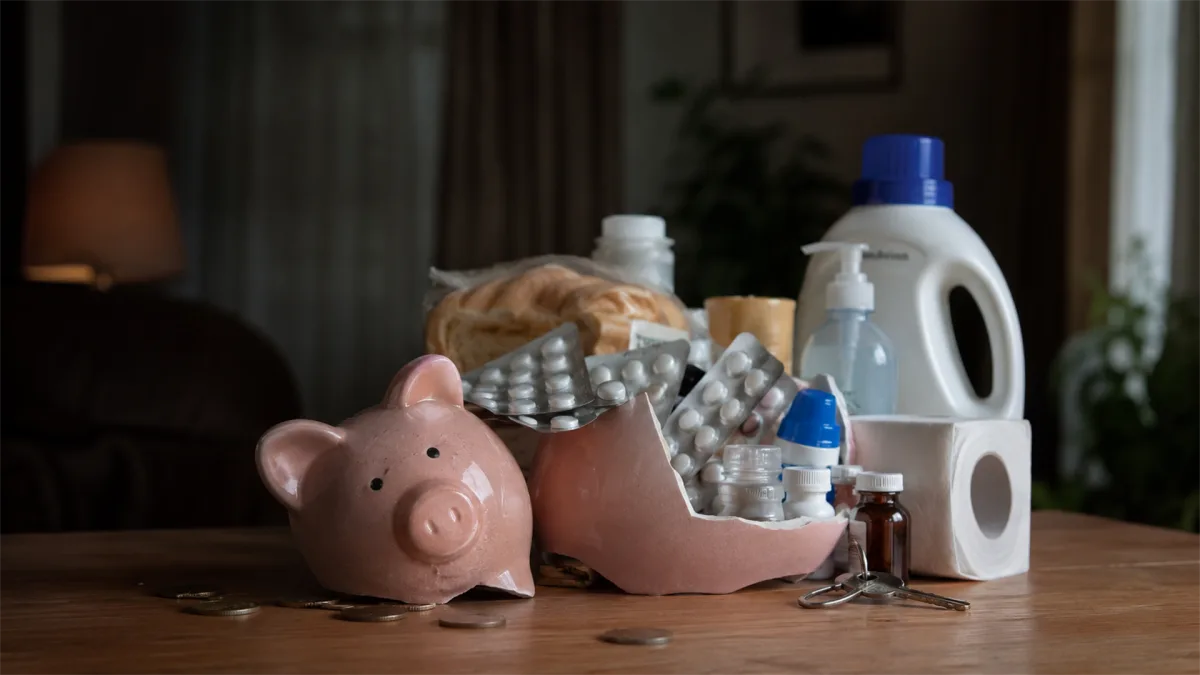Piggy banks, detergent, groceries, and household items crowd a kitchen table, representing daily expenses and strained domestic budgeting.
