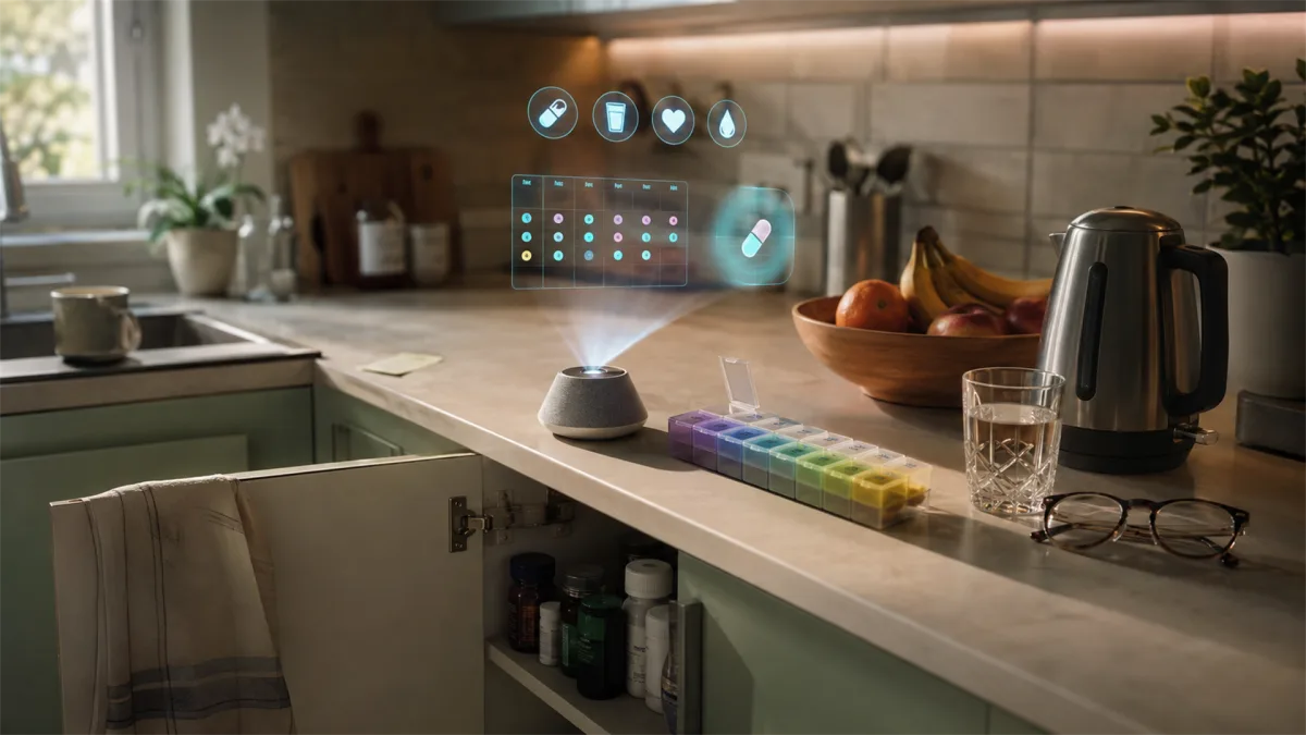 A kitchen counter displays floating smart controls above appliances, cookware, and groceries, suggesting connected cooking and home management.