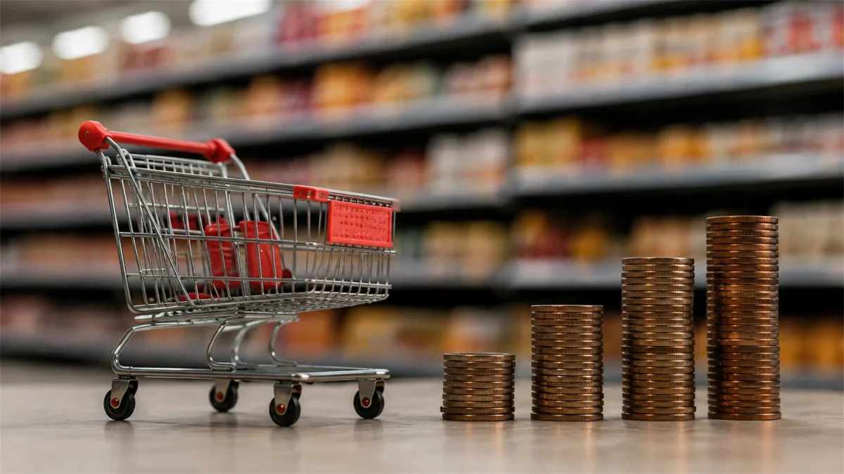 A shopping cart sits among coin stacks in a supermarket aisle, suggesting inflation, consumer prices, retail spending, and the rising cost of goods.