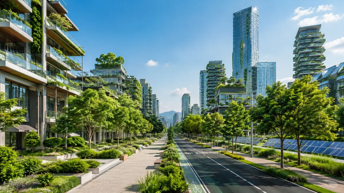 A modern green city street is lined with trees, gardens, and sustainable buildings.