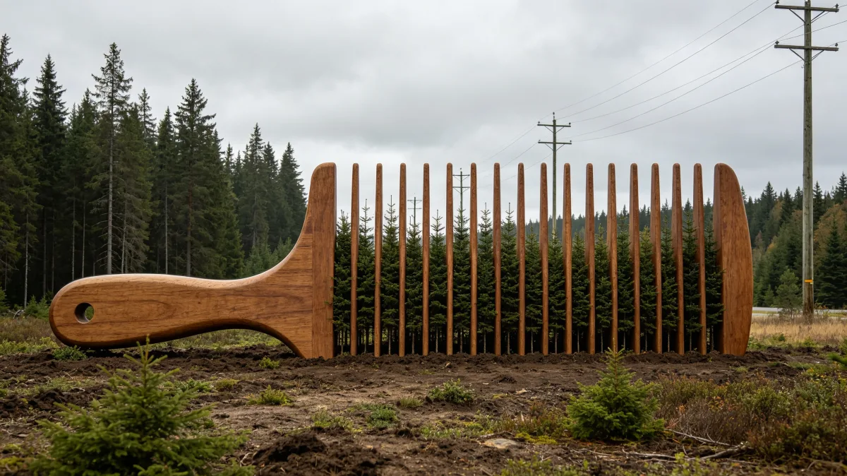 a huge wooden comb stands upright in a logging or forest clearing, blending grooming object and woodland texture to suggest land management, timber, order, and surreal environmental design.