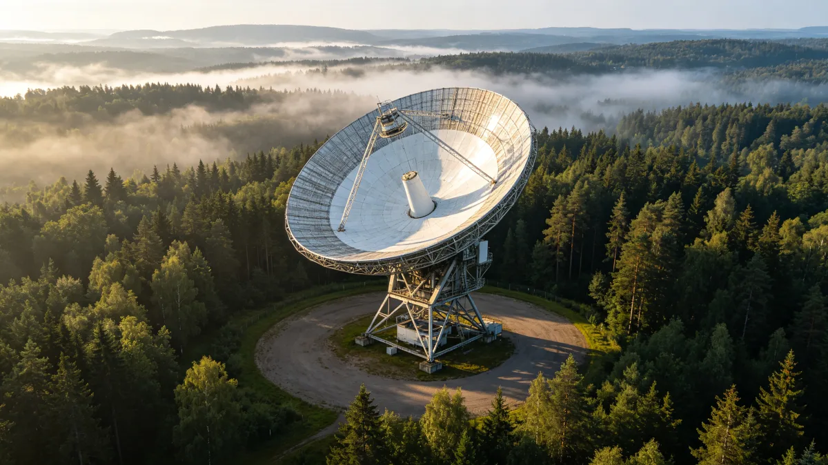 a huge white satellite dish stands in a circular clearing above a forest, showing remote communication, signal listening, scientific observation, and infrastructure inserted into natural terrain.