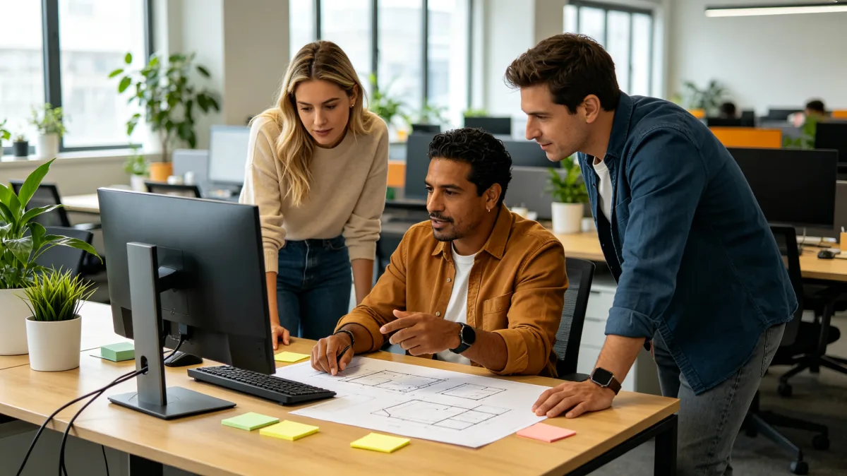 Three colleagues lean over paperwork and a computer in an open office with plants and soft daylight, showing peer review, shared problem-solving, and collaborative desk work.