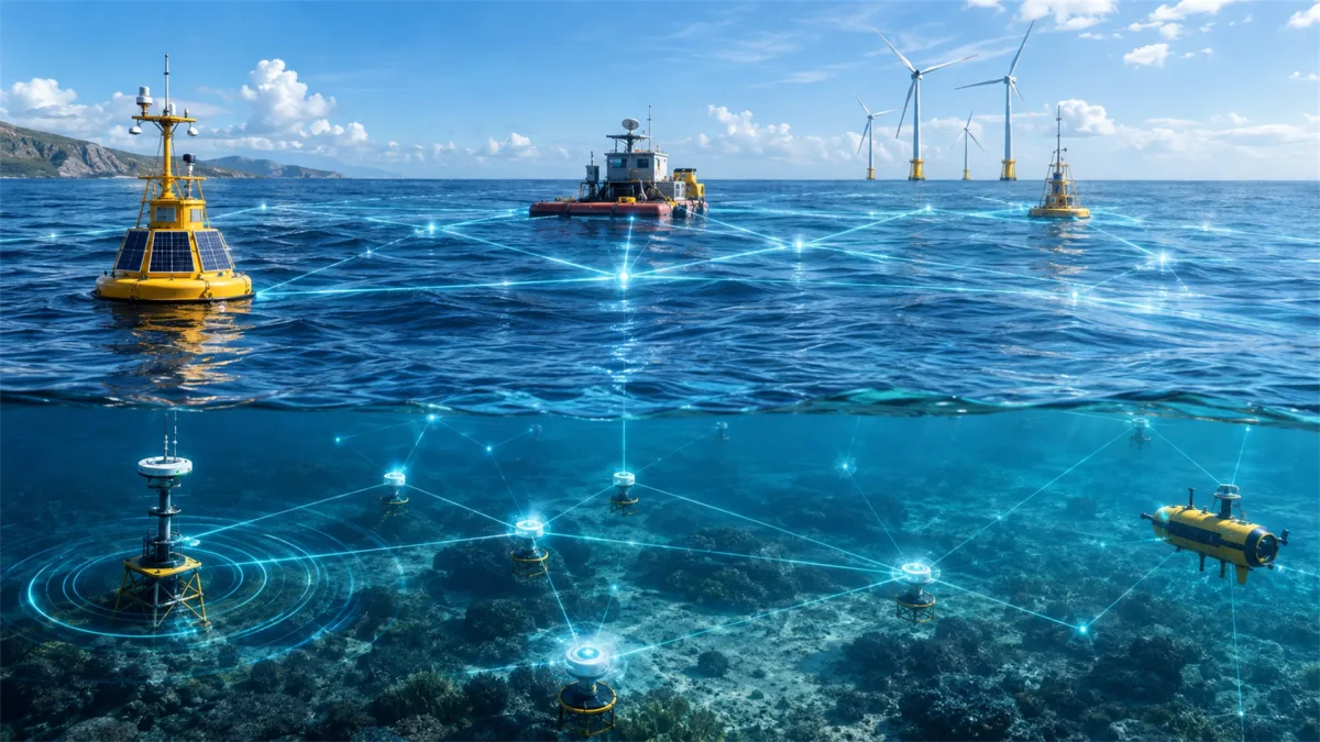 Research buoys, workboats, turbines, and glowing seafloor links appear over a clear ocean, suggesting marine monitoring, offshore data networks, connected renewable energy, and ocean-based...